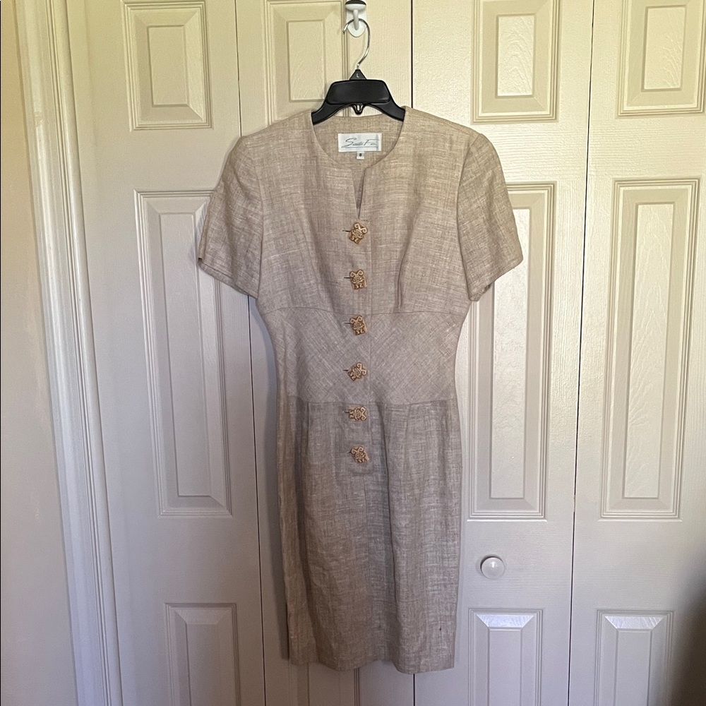 Beige Linen-Blend Midi Dress with Decorative Buttons